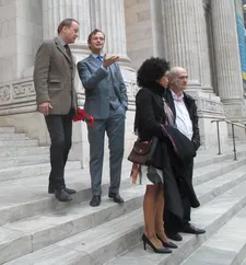 Stellan Skarsgård as Max Zorn with his editor (Mathias Sanders) and Lindsey (Isioma Laborde-Edozien) with Colm Tóibín on set for Return To Montauk